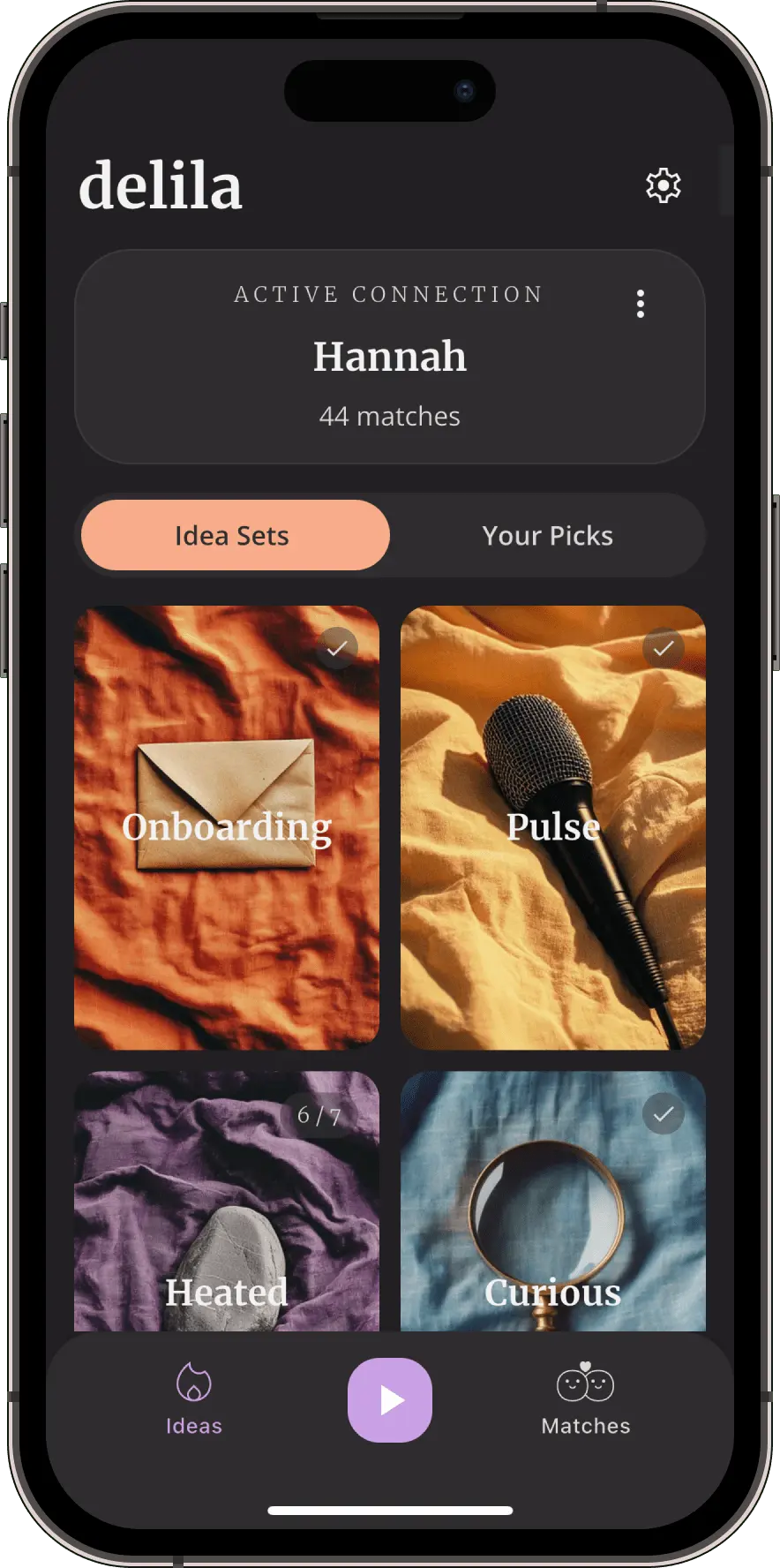 Delila app screen with intimacy ideas